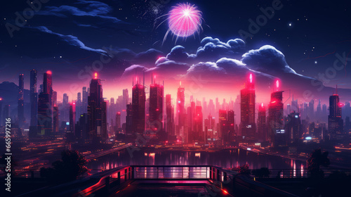Fireworks in the city of night in synthwave style