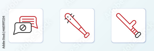 Set line Police rubber baton, Speech bubble chat and Baseball with nails icon. Vector