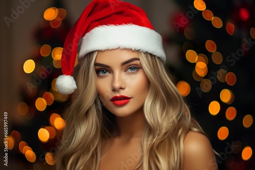 Portrait of beautiful female model wearing santa hat, beautiful young female model wearing red santa hat. Christmas styling, Christmas advertising
