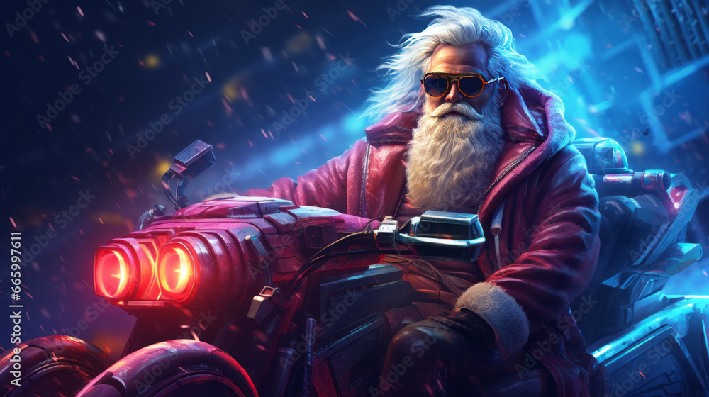 Badass Santa Claus with sunglasses, in synthwave/cyberpunk style. Generated with ai. Badass Santa Claus with sunglasses, in synthwave/cyberpunk style. Generated with ai.