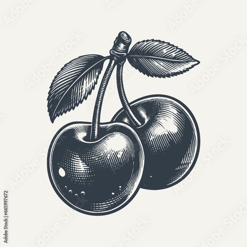 Cherries on white background. Vintage woodcut engraving style hand drawn vector illustration.