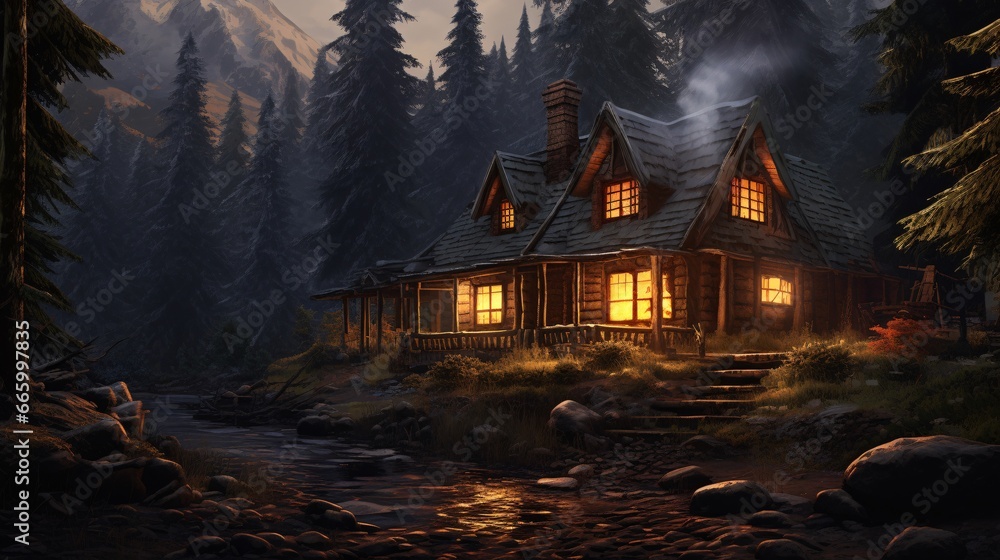 A cozy cabin in the woods with smoke rising from the chimney, generative AI