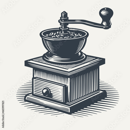 Old coffee grinder. Vintage woodcut engraving style hand drawn vector illustration.