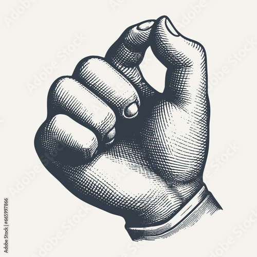 Hand gesture pinching fingers. Vintage woodcut engraving style hand drawn vector illustration.