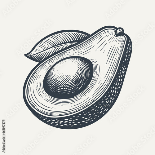 Half of avocado with a leaf. Vintage woodcut engraving style hand drawn vector illustration.