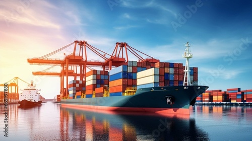 Container ship carrying container boxes import export dock with quay crane. photo