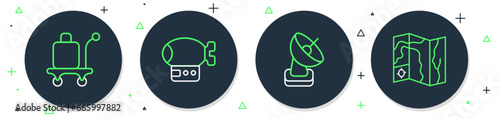 Set line Airship, Radar, Trolley baggage and World travel map icon. Vector