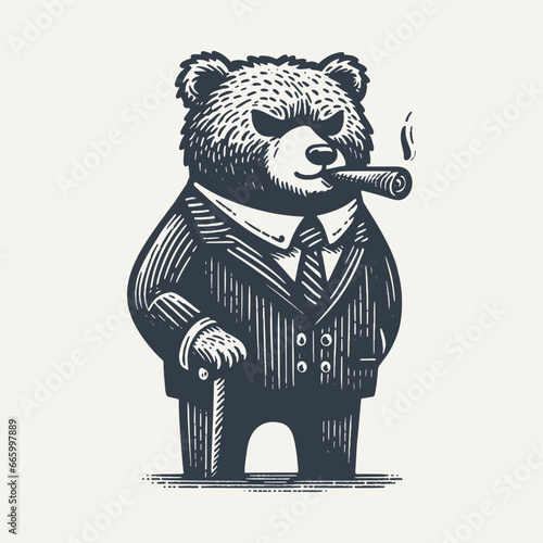 Cartoon bear wearing a suit and smoking cigar.