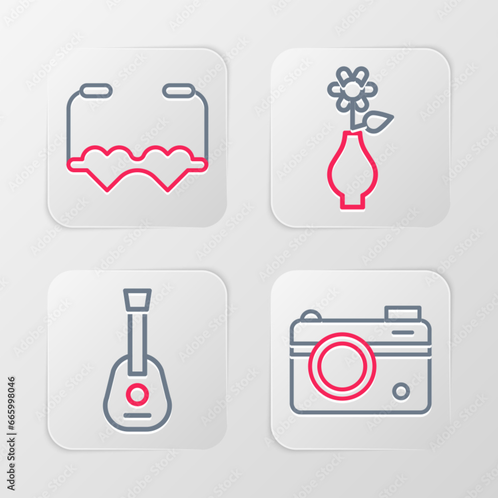 Set line Photo camera, Guitar, Flower in vase and Heart shaped love glasses icon. Vector Set line Photo camera, Guitar, Flower in vase and Heart shaped love glasses icon. Vector