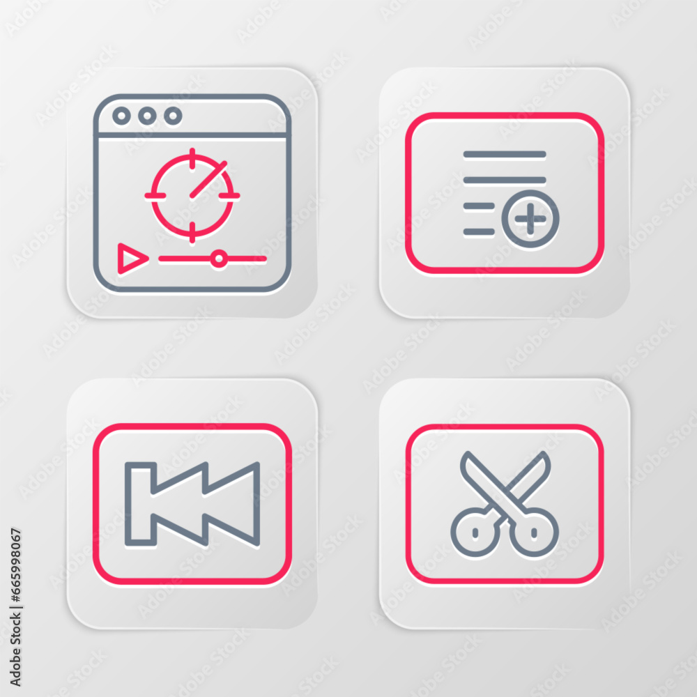 Set line Music or video editing, Rewind button, Add playlist and Online icon. Vector Set line Music or video editing, Rewind button, Add playlist and Online icon. Vector