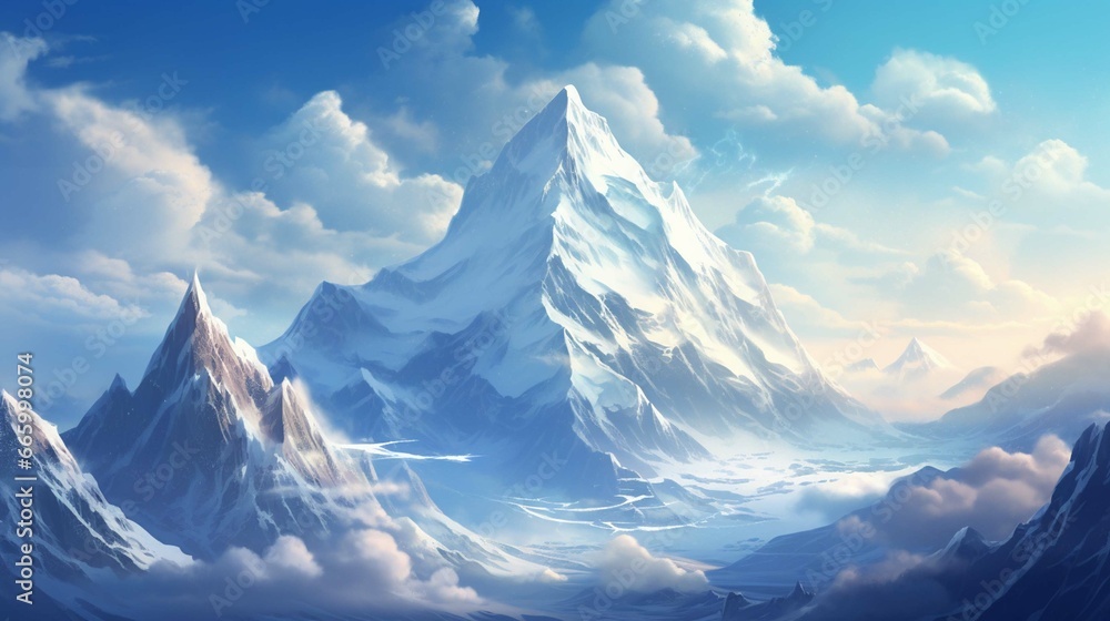 Snowy mountain peak towering above the clouds, its pristine white slopes contrasting against the deep blue sky