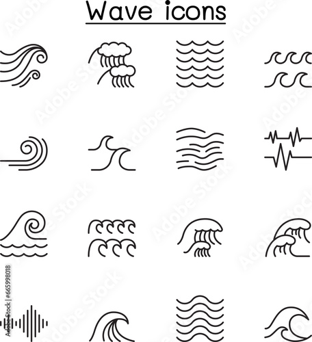 Wave icon set in thin line style, editable stroke