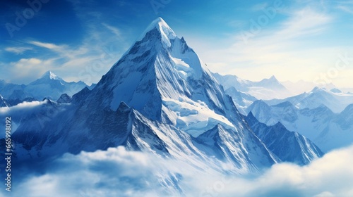 Snowy mountain peak towering above the clouds, its pristine white slopes contrasting against the deep blue sky © Ahtesham