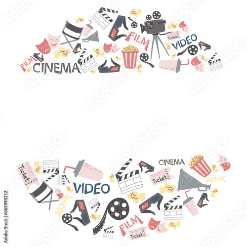 Vector illustration of round frame with movie cinema attributes equipment isolated on white and copy-space in the middle. World cinema day,cinemas,design,card,poster concept. Camera, popcorn, ticket