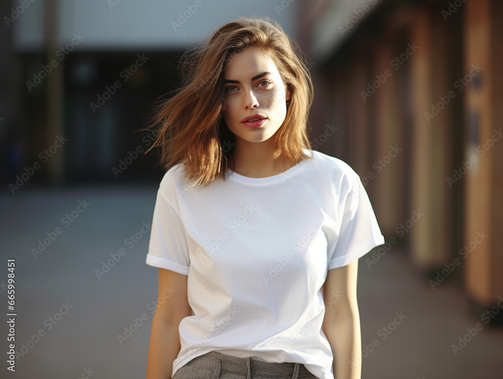 A mockup of a young female model wearing a white T-shirt, outdoor background A mockup of a young female model wearing a white T-shirt, outdoor background