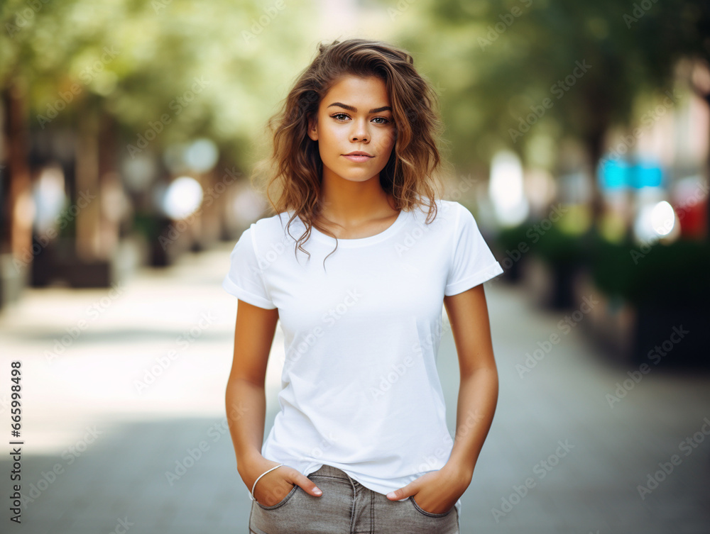 A mockup of a young female model wearing a white T-shirt, outdoor background