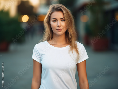 A mockup of a young female model wearing a white T-shirt, outdoor background