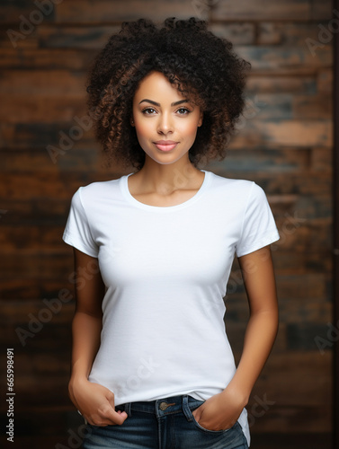A mockup of a young female model wearing a white T-shirt, outdoor background