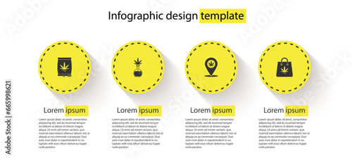 Set Marijuana or cannabis seeds, Test tube with marijuana, Location and and Shopping bag of. Business infographic template. Vector