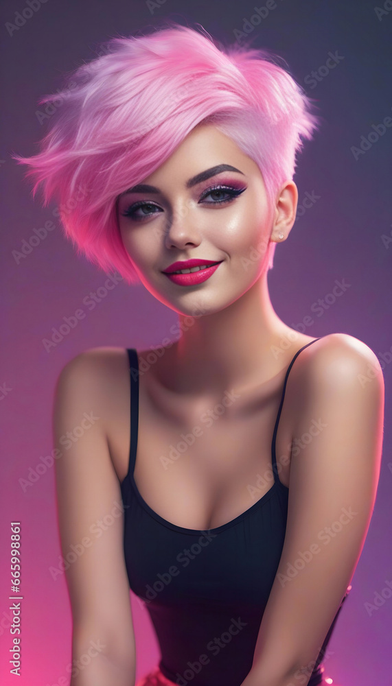 Portrait of a beautiful young woman with pink hair,  Fashion shot