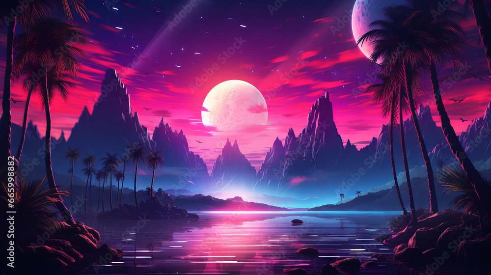 Sunset over the sea in retro 80s synthwave style
