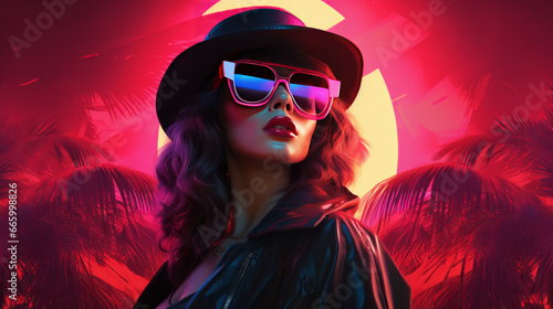 A retro young woman in synthwave style