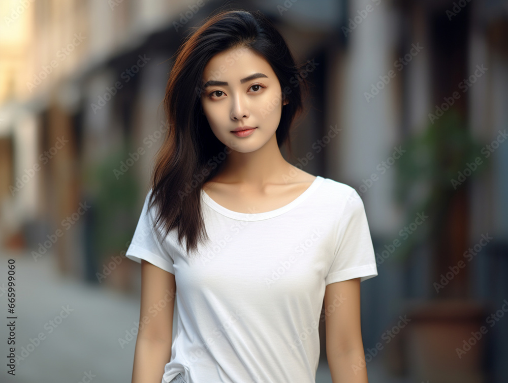 A mockup of An Asian female model wearing a white T-shirt, outdoor background