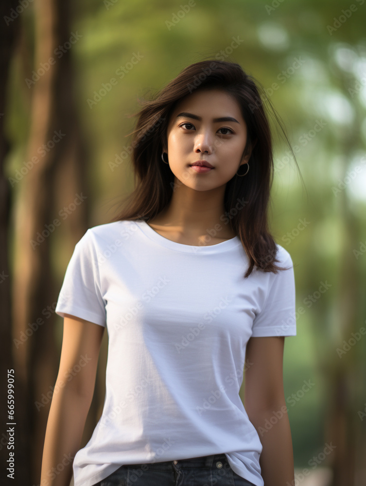 A mockup of An Asian female model wearing a white T-shirt, outdoor background A mockup of An Asian female model wearing a white T-shirt, outdoor background