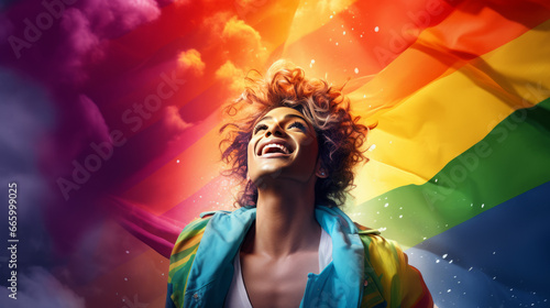 A queer pride young woman in LGBTQ rainbow color flag