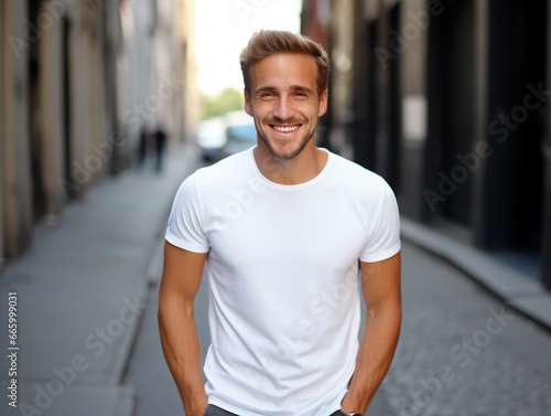 A mockup of An male model wearing a white T-shirt, outdoor background