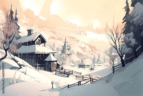 Snowy Serenity, Winter Snowy Landscape Vector Illustration, ,winter snowy landscape tranquil Beauty of Winter, by Generative AI.