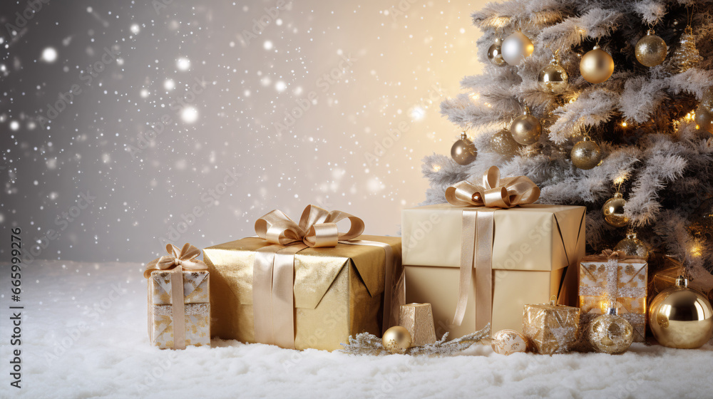 Christmas gift boxes, adorned with beauty, lay near a festive evergreen in a chamber. Christmas gift boxes, adorned with beauty, lay near a festive evergreen in a chamber.