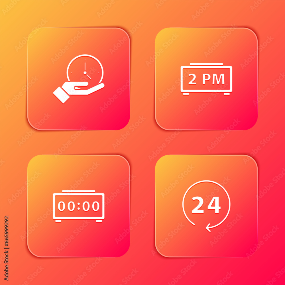 Set Clock, Digital alarm clock, and 24 hours icon. Vector