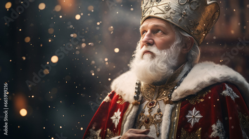 A St. Nicholas in the snow with a red coat photo