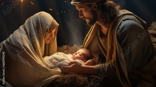 Nativity scene with baby jesus and Maria and Josef photo