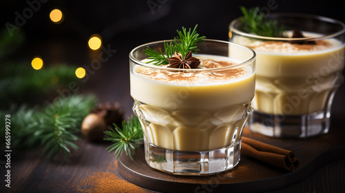 A mug filled with seasonal eggnog and spice-laced cinnamon, adorned with fir branches, against a dark backdrop.