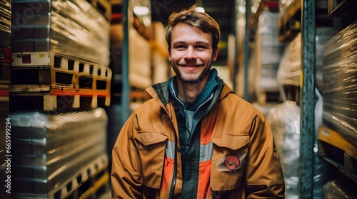 A cheerful man in a brown and orange jacket stands amidst shelves of packaged goods in a warehouse, with his genuine smile reflecting the ambient glow of the surroundings.