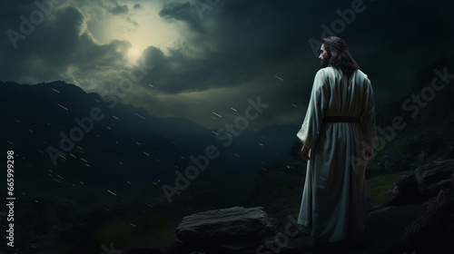 A jesus looks at the night sky under a full moon