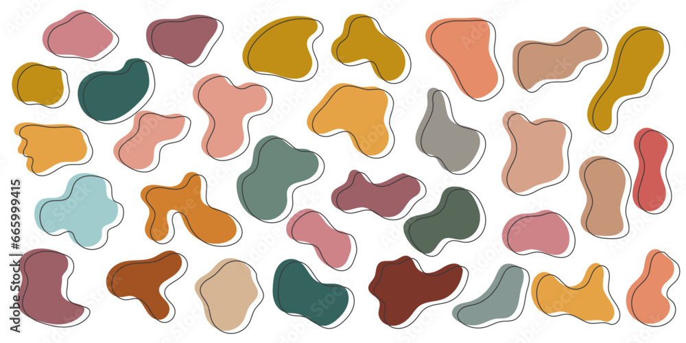 Amoeba blob, organic abstract shape. Set of Liquid amorphous shapes, fluid blotch pastel color with black line. Amoeba blob, organic abstract shape. Set of Liquid amorphous shapes, fluid blotch pastel color with black line.