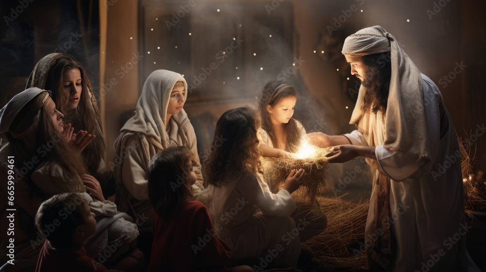Nativity scene with jesus brings sacred gift Nativity scene with jesus brings sacred gift