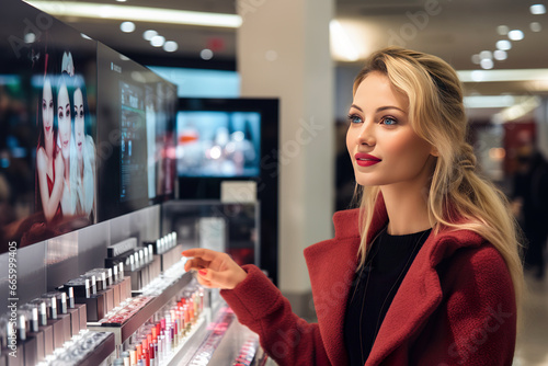 A woman in a cosmetics store chooses makeup products.