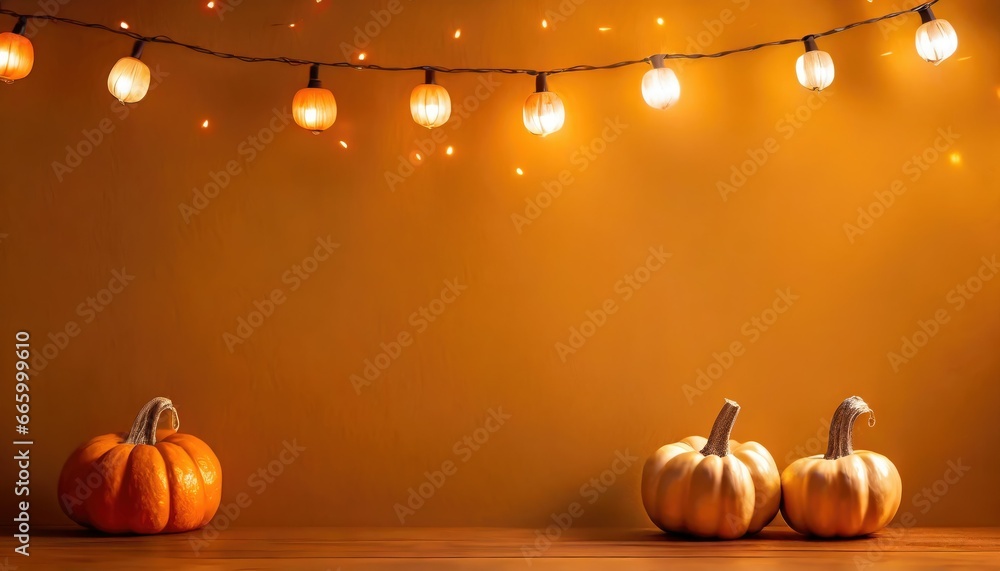 Charme d'automne : citrouille à chapeau et guirlande lumineuse pour Halloween - obrazy, fototapety, plakaty 