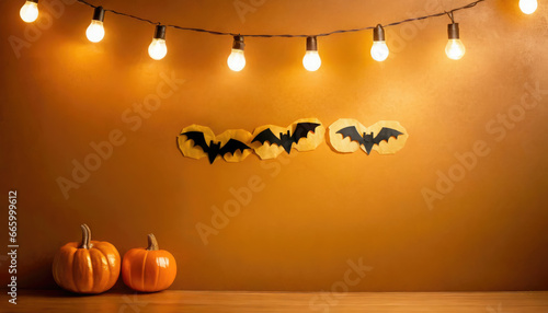 Obraz na płótnie Charme d'automne : citrouille à chapeau et guirlande lumineuse pour Halloween w salonie