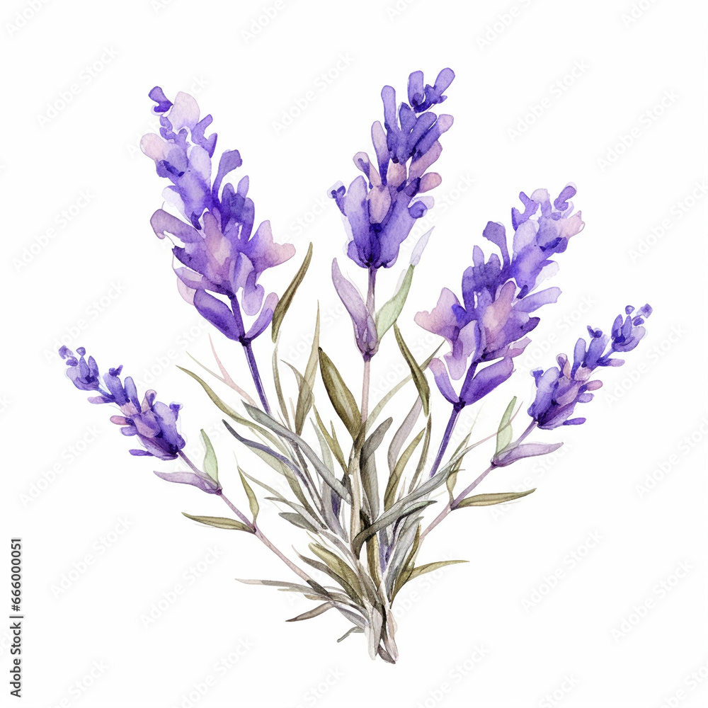 lavender flower plant with leaves watercolor paint on white for greeting card wedding design, generated ai