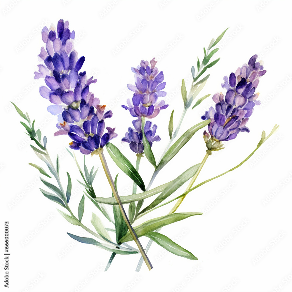 lavender flower plant with leaves watercolor paint on white for greeting card wedding design, generated ai lavender flower plant with leaves watercolor paint on white for greeting card wedding design, generated ai