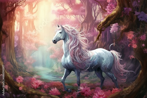 Regal unicorn in a magical woods. Generative AI