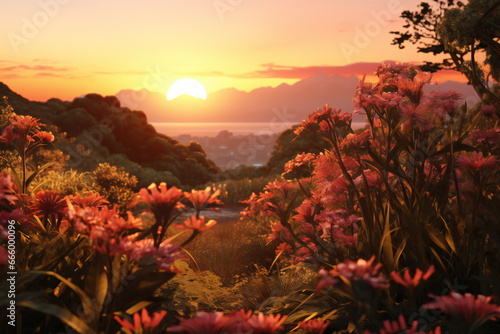 Sunset over the sea with flowers in the foreground, Costa Rica
