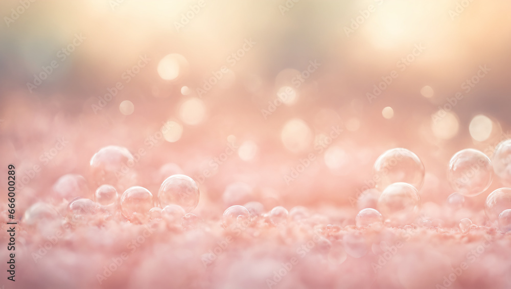 A delicate and ethereal composition with a gentle pastel pink background, whimsical bubbles, and a watercolor-like effect, accompanied by scattered bokeh elements. - obrazy, fototapety, plakaty 