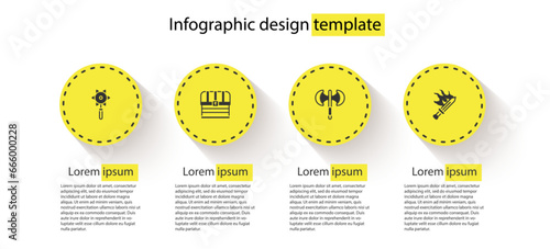 Set Medieval chained mace ball, Chest, poleaxe and Sword for game. Business infographic template. Vector