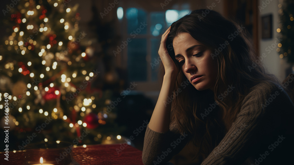 Winter depression showing a sad woman in Christmas setting. Generated with ai.